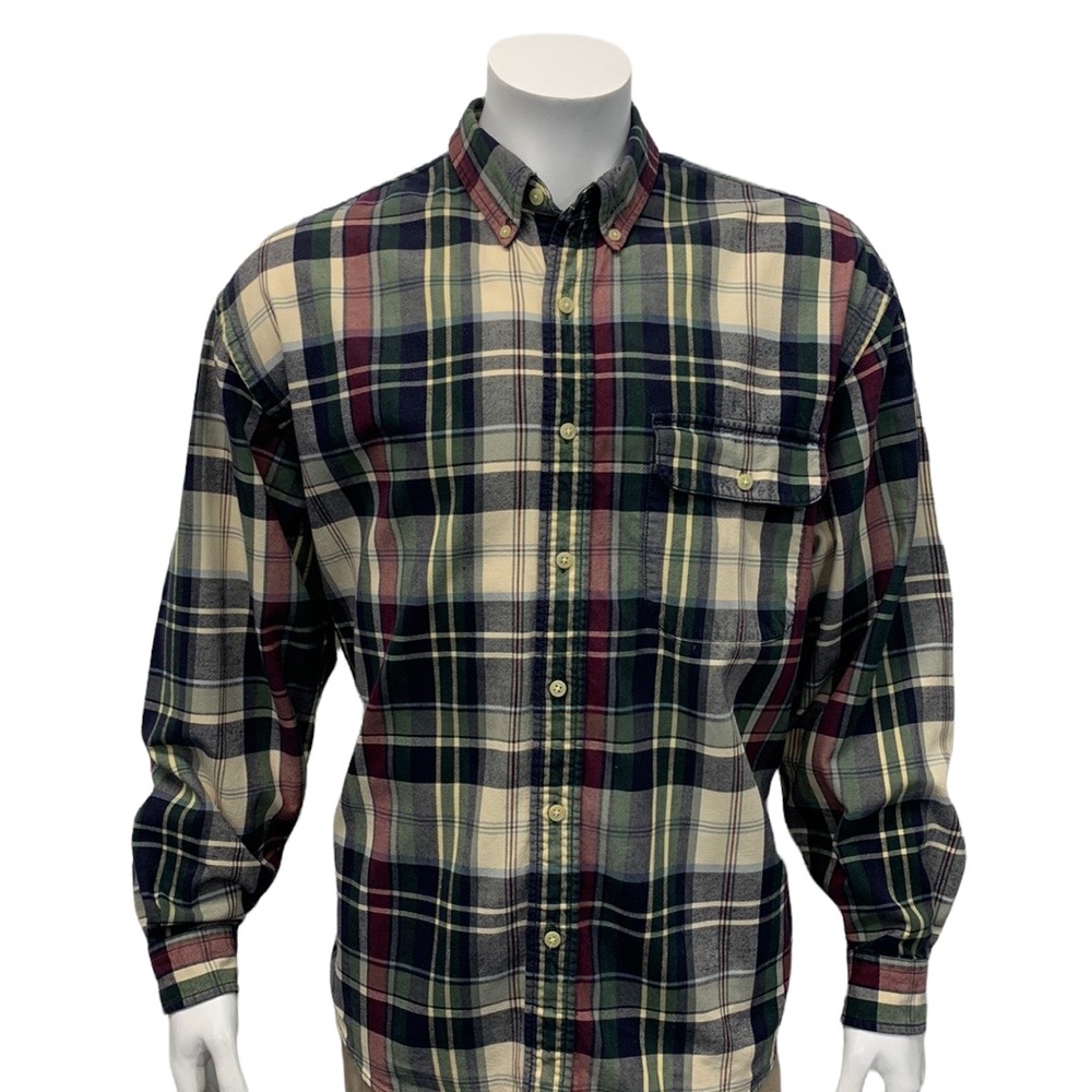 Eddie Bauer Green Blue Red Tan Plaid Cotton Light Flannel Button Down Shirt LG